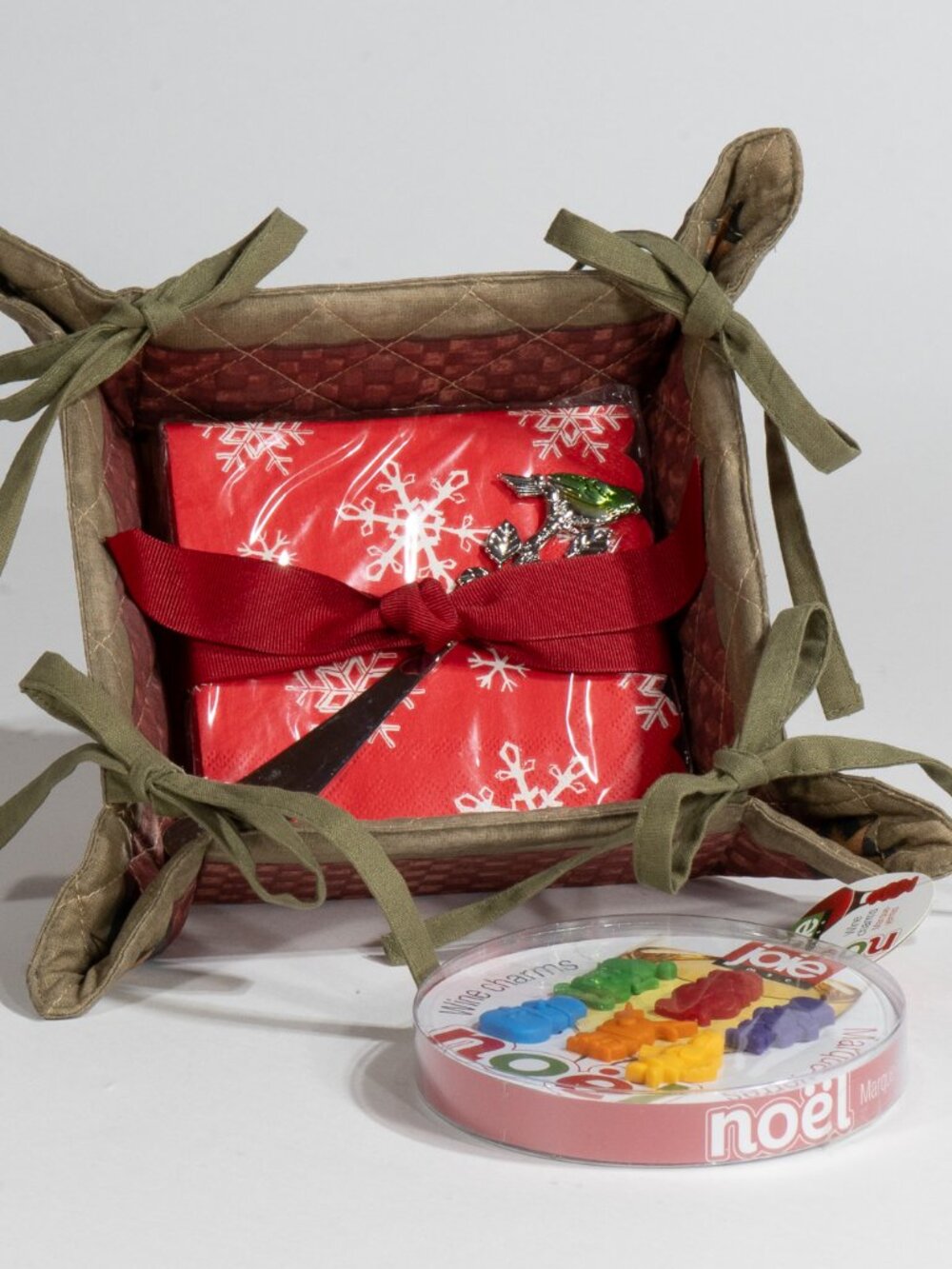 Hostess Set: Teresa Kogut Cloth Napkin Holder, Cocktail Napkins, Wine Charms